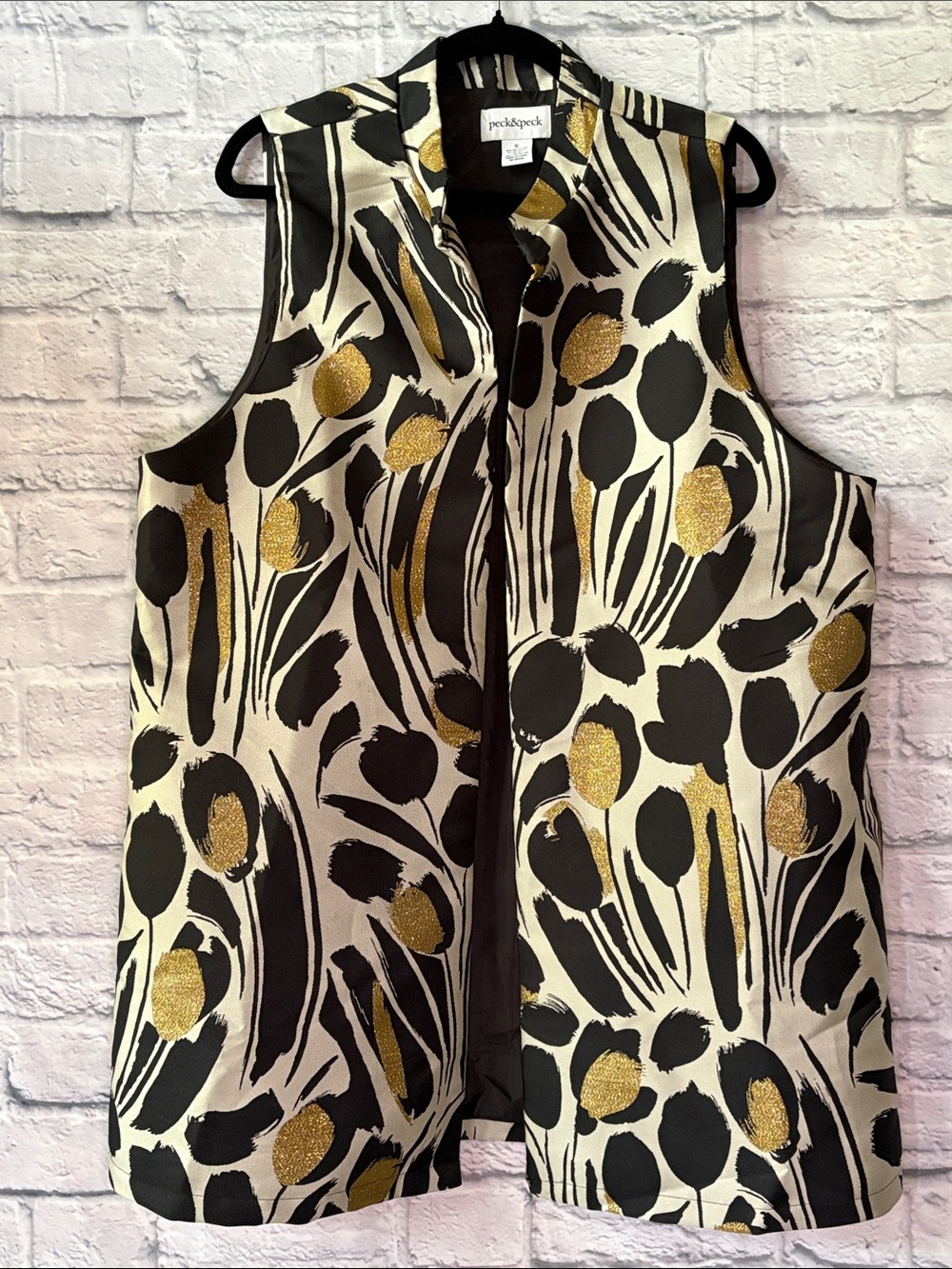 Peck & Peck Bold Print Black, Light Tan & Metallic Gold Sleeveless Long Vest XL